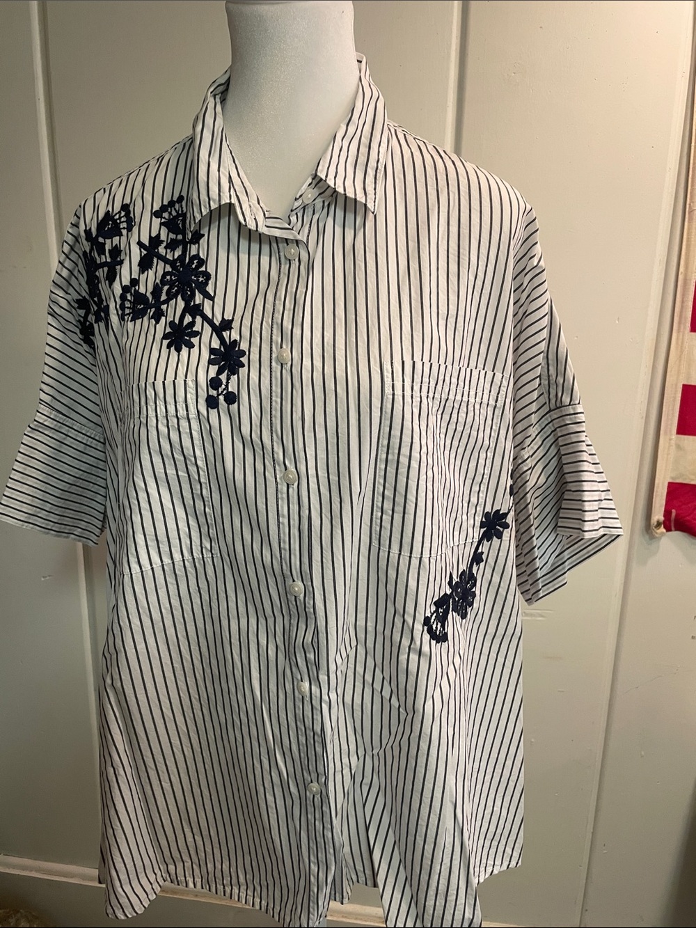 Madewell White Striped Button-Down with Navy Floral Embroidery